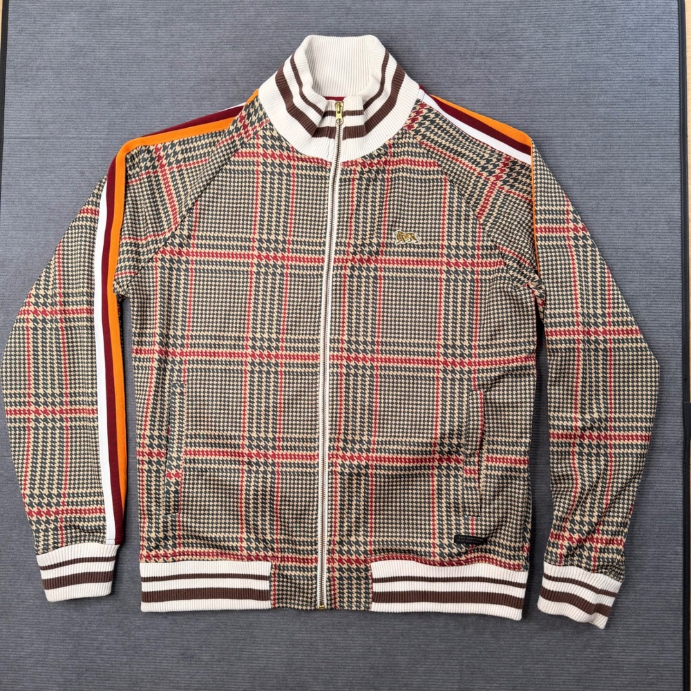 Lonsdale London Mens Glen Plaid Track Jacket Brown Red Orange Sz M Full Zip Y2K